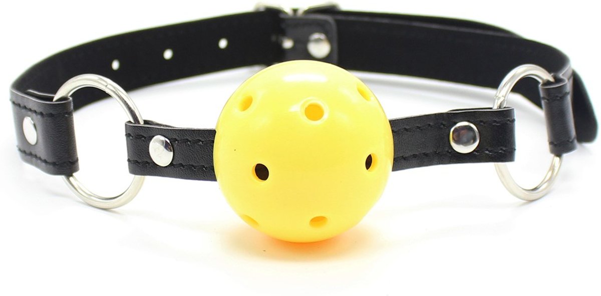 Foto van Banoch - Breathable ball gag open - zwart/geel - verstelbare riem