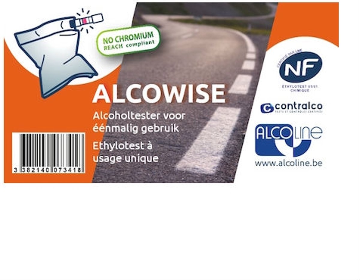 Foto van alcoholtester eenmalig Alcowise | 6 stuks | goedgekeurd voor Frankrijk | NF keurmerk | chroomvrij | betrouwbaar testresultaat | compact en makkelijk in gebruik | 24 maanden houdbaar