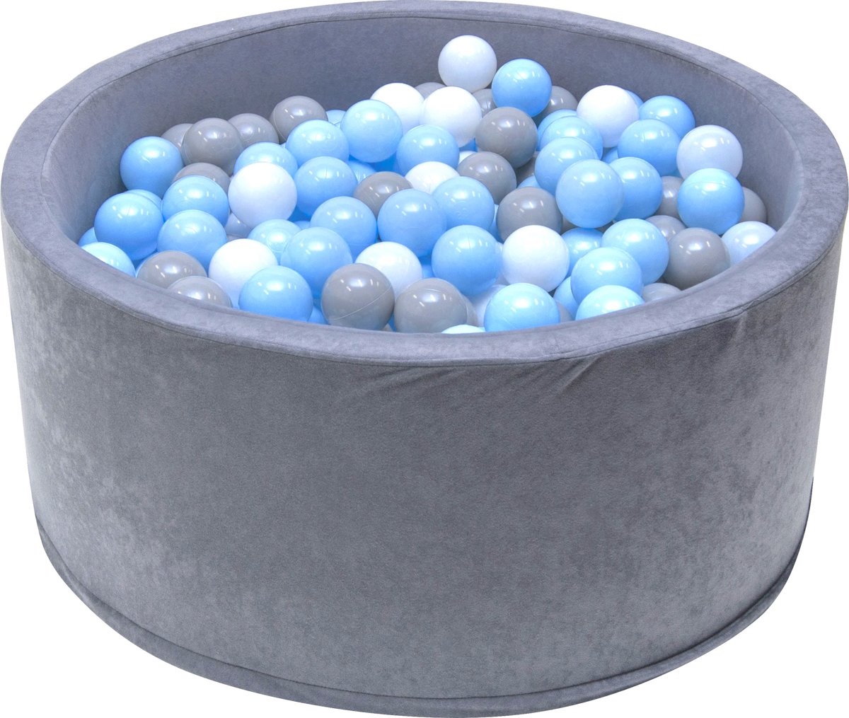 Ballenbak - stevige grijze ballenbad - 90 x 40 cm - 200 ballen Ø 7 cm - blauw, wit, grijs