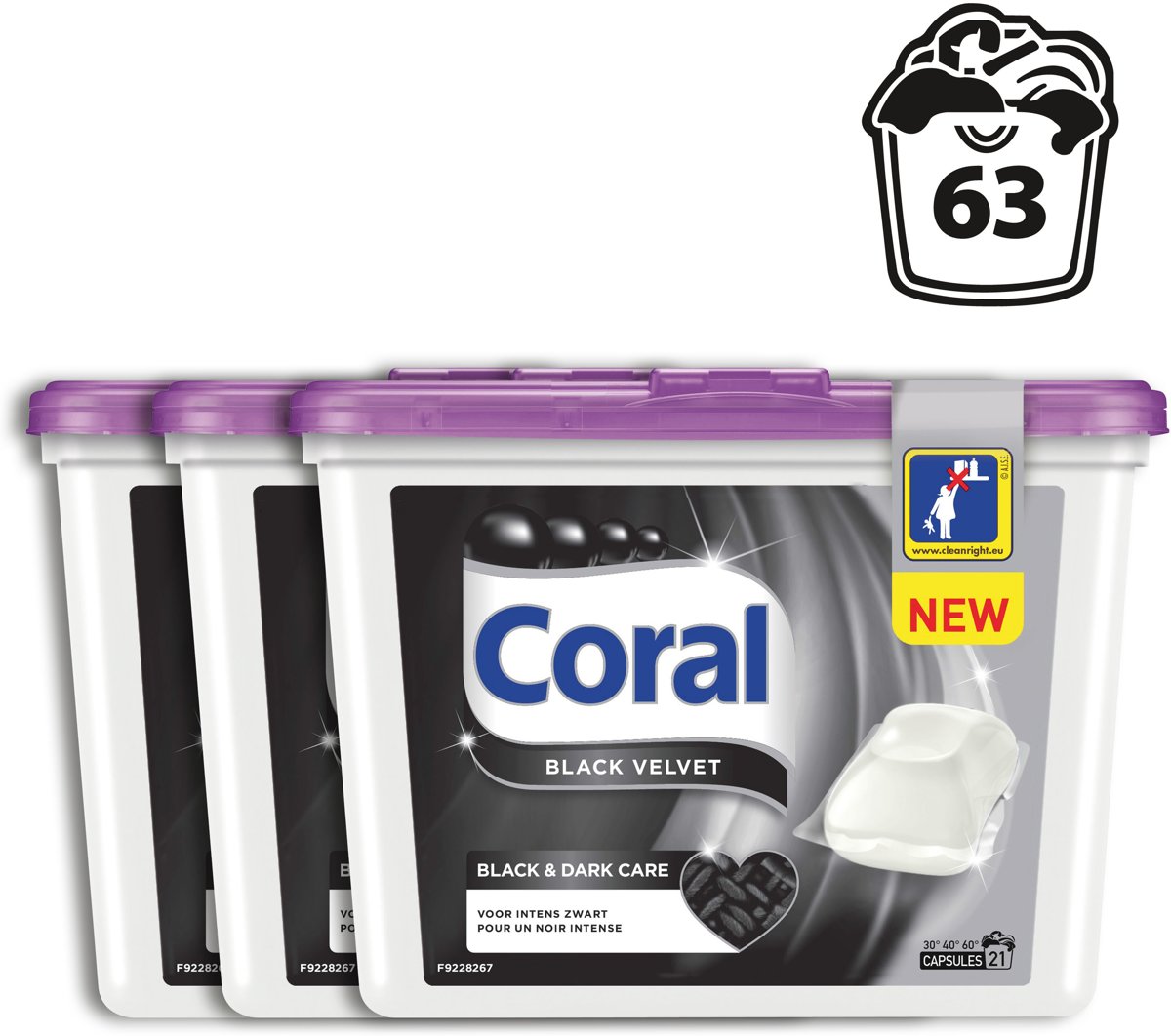 Foto van Coral Black Velvet - 63 Wasbeurten - 3 x 21 stuks - Wasmiddel - Voordeelverpakking