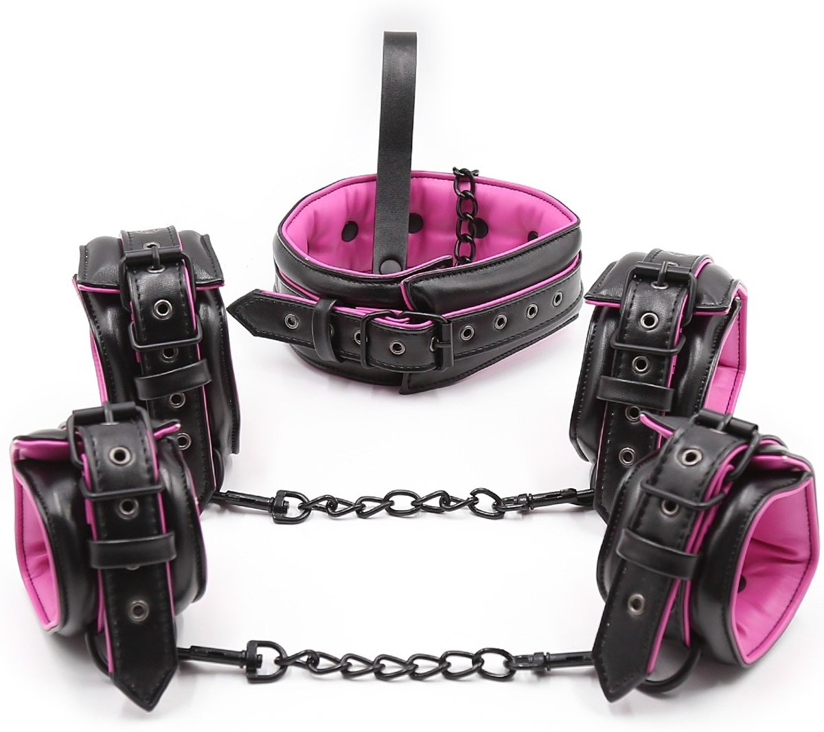 Foto van Banoch - Bondageset Hot Pink - halsband,riem, handboeien en enkelbanden pu Leer- zwart - roze