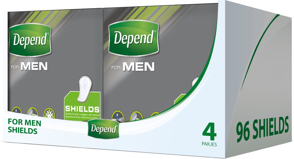 Foto van Depend For Men Shields - Voordeelbox 96 stuks - incontinentieverband voor mannen