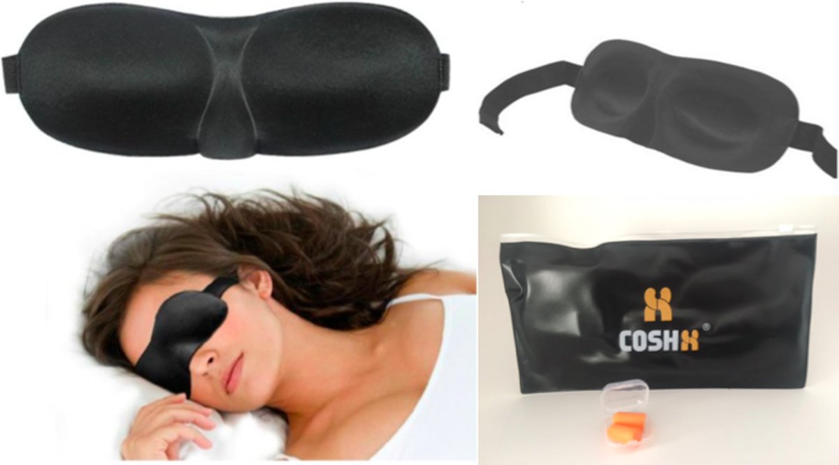 Foto van NIEUWSTE MODEL! CoshX® vernieuwd ontwerp 3D Slaapmasker oogmasker set met oordoppen en opberg etui. Zacht en comfortabel.
