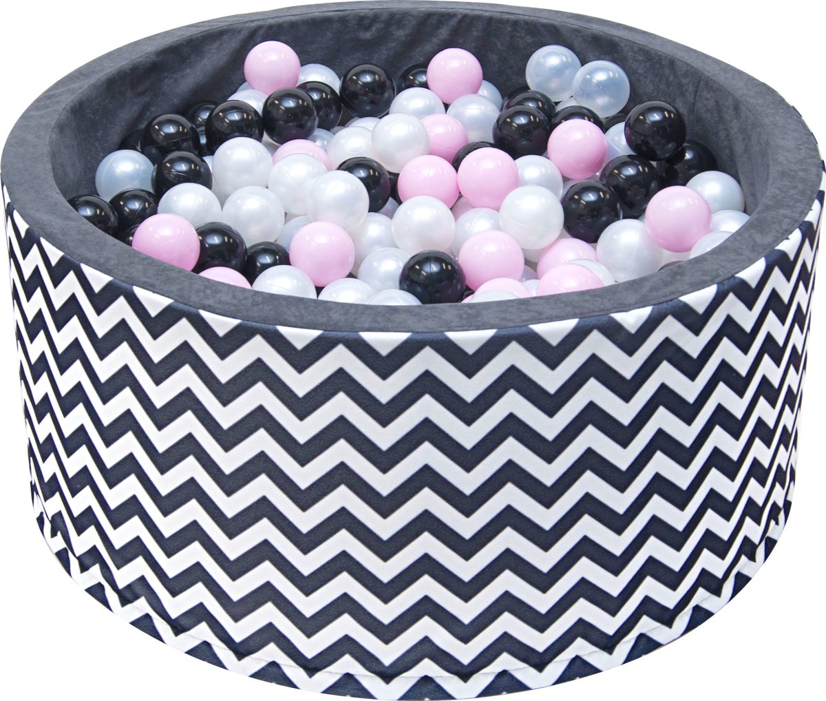 Ballenbak - stevige ballenbad -90 x 40 cm - 200 ballen Ø 7 cm - roze, wit, grijs, zwart zebrapatroon