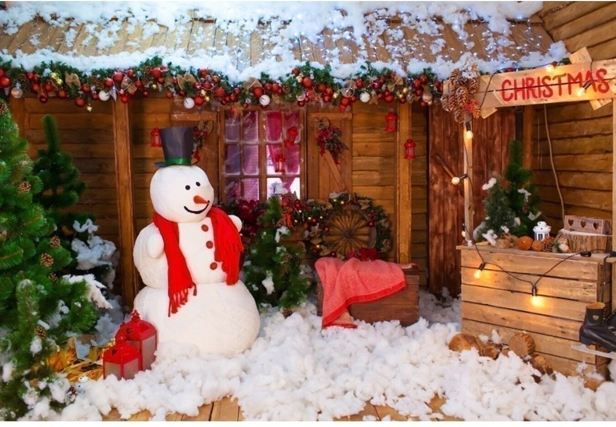 5x7FT Vinyl Christmas Wood Cabin Tree Snowman Achtergrond Studio Prop