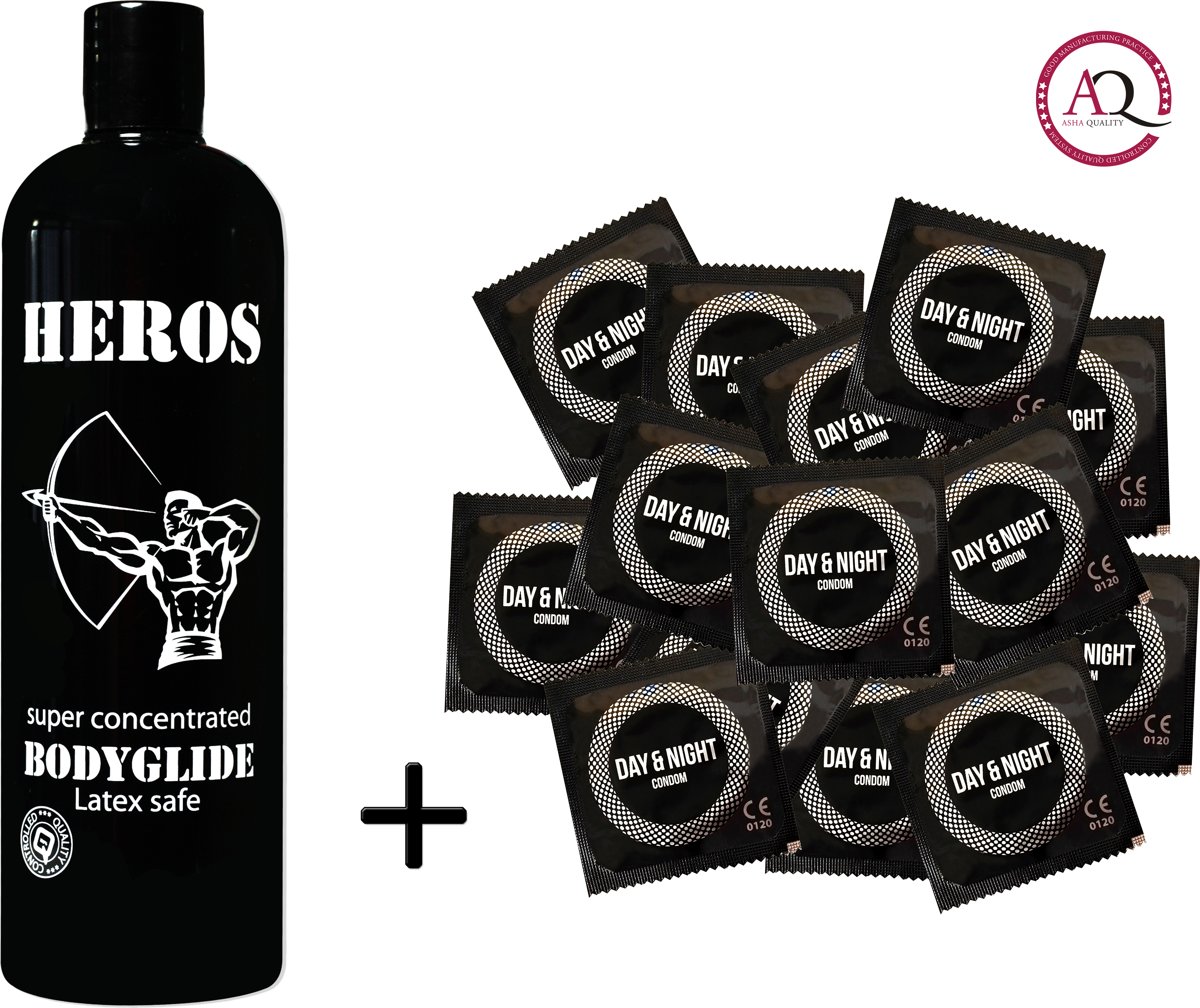 Foto van Heros glijmiddel 500 ml + 100 Day & Night condooms combipack