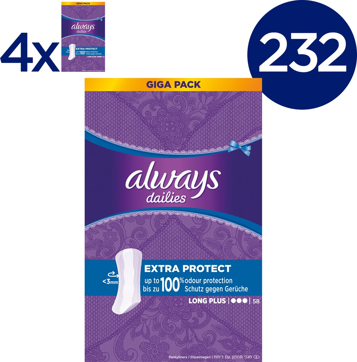 Foto van Always Dailies Extra Protect Long Plus - Voordeelverpakking 232 Stuks - Inlegkruisjes
