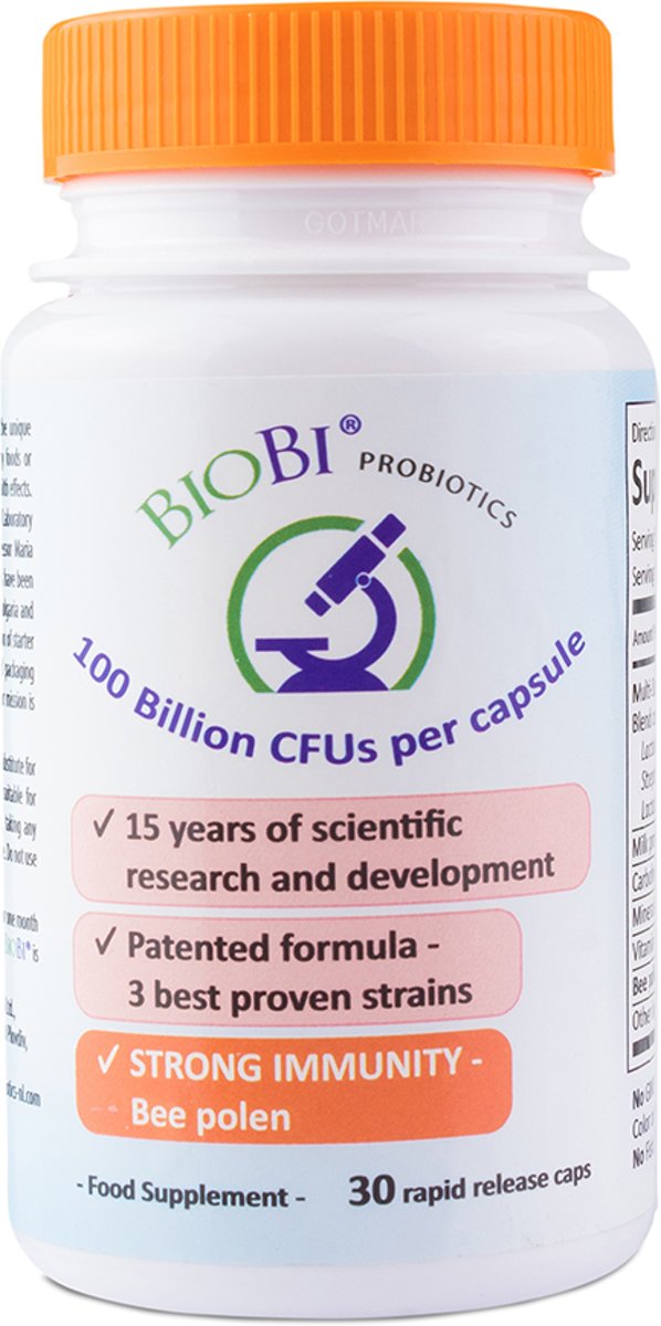 Foto van BioBi Probiotica Stong Immunity - 100 Miljard CFUs - 30 vegicaps - Bee Pollen
