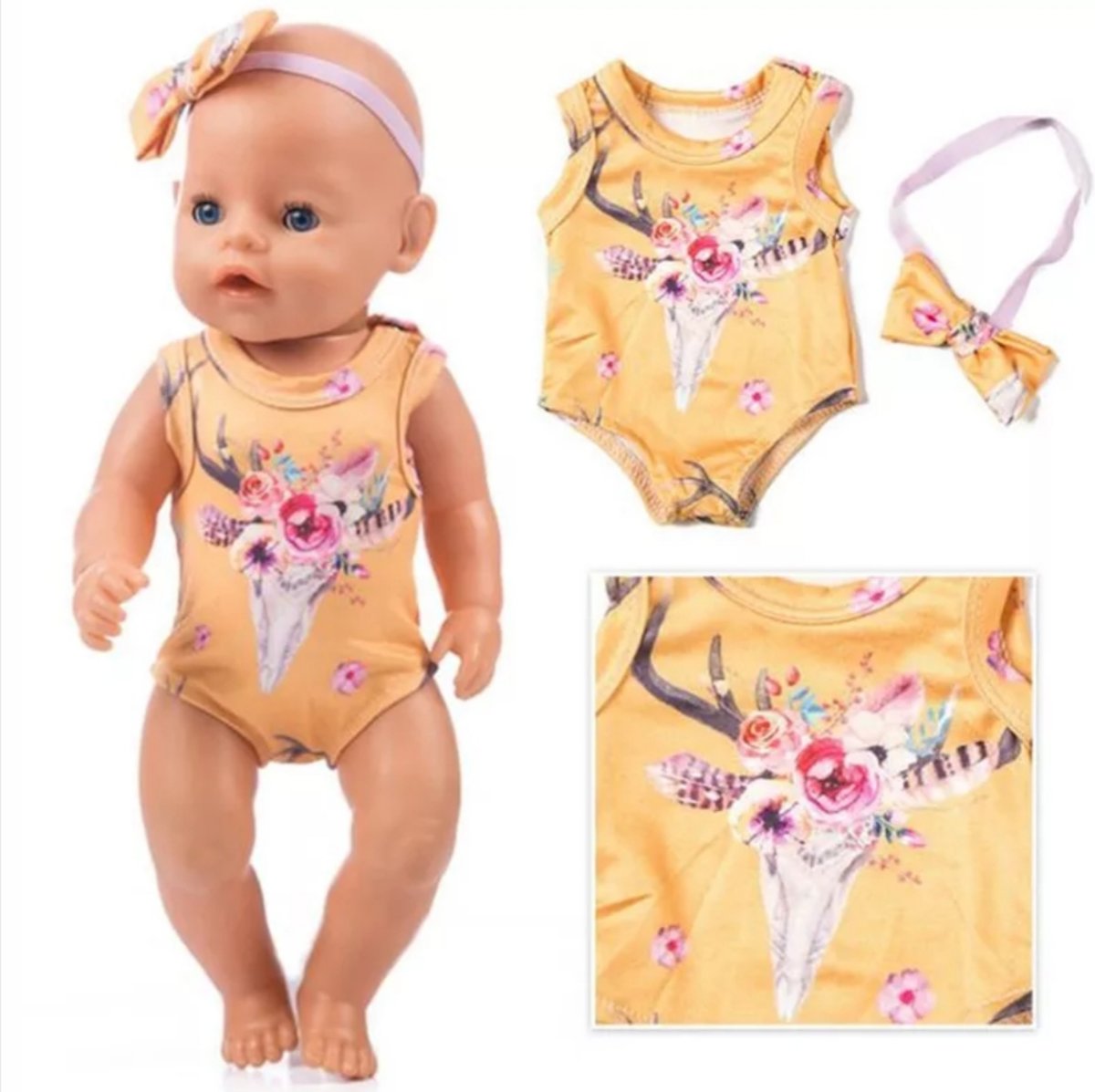Poppenkleertjes - geschikt voor Baby Born - badpak + gratis haarband! - zwemkleding - geel -  strandkleding - zomer