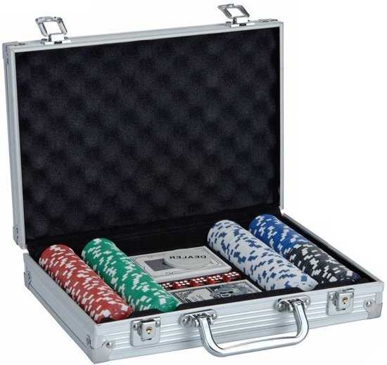 Afbeelding van het spel Luxe pokerset - Koffertje met 200 chips, spelkaarten, dobbelstenen en dealer chip - DD-1196