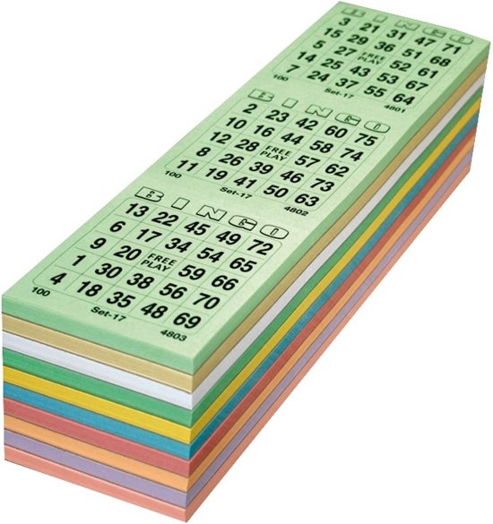 Bingokaarten 3000 stuks - 1 t/m 75 kleurenmix