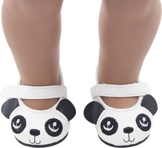Panda schoentjes voor babypop met een lengte van circa 43 cm zoals Baby Born - Zwart wit schoenen met oogjes en oortjes