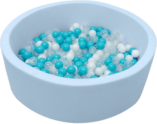 LittleTom Knuffelig Ballenbak met 350 Babyballen – Set vanaf 0 Jaar – 90 x 30 cm – Ballenbad in Lichtblauw – Ø 5,5 cm Ballen in Blauw, Wit & Transparant