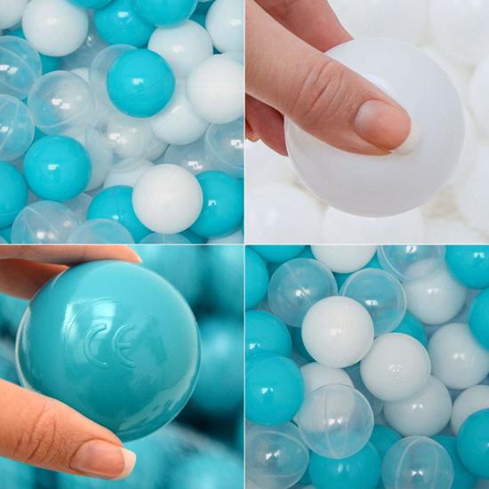 LittleTom Knuffelig Ballenbak met 350 Babyballen – Set vanaf 0 Jaar – 90 x 30 cm – Ballenbad in Lichtblauw – Ø 5,5 cm Ballen in Blauw, Wit & Transparant