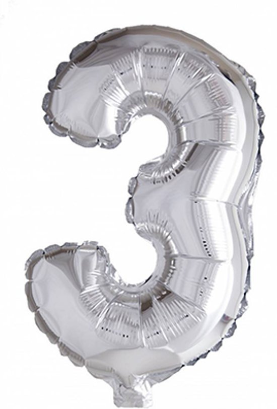 Folie Ballon Cijfer 3 Zilver 41cm met Rietje