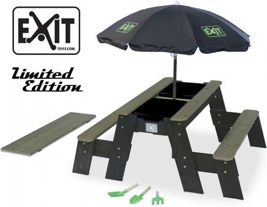 EXIT Aksent Zand-,Water- en Picknicktafel (2 bankjes) + Parasol Black Limited Edition