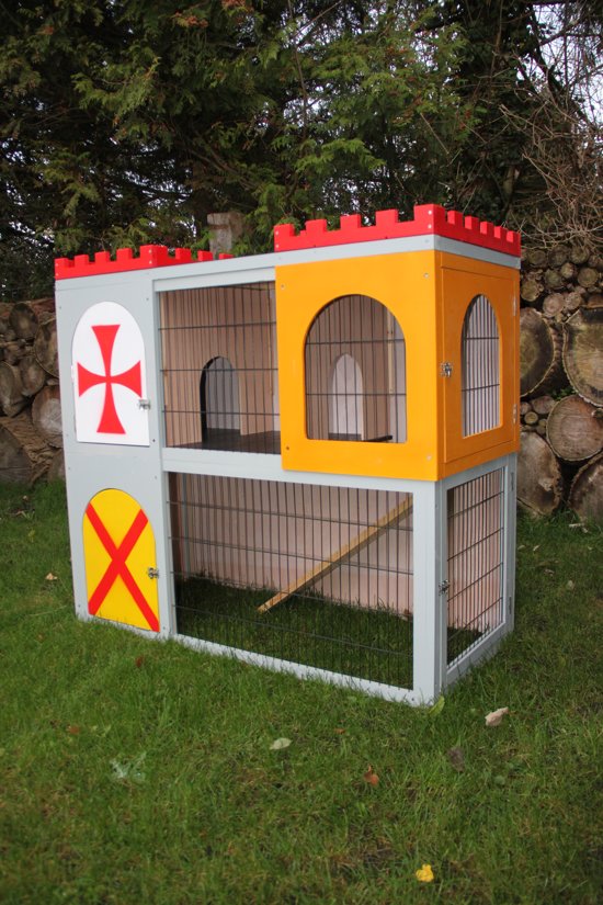Dieren - konijnen - konijnenhok met ren - kleurrijk kasteel - bouwpakket - 110 x 120 x 54 cm