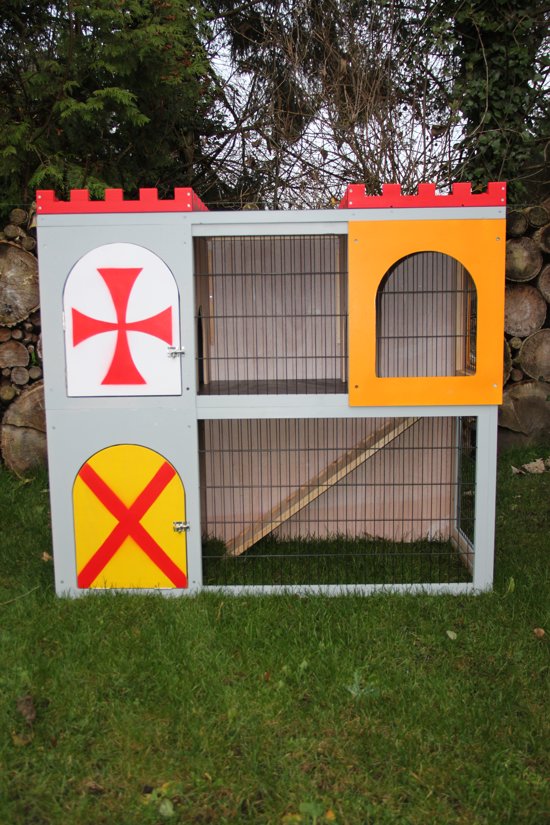 Dieren - konijnen - konijnenhok met ren - kleurrijk kasteel - bouwpakket - 110 x 120 x 54 cm