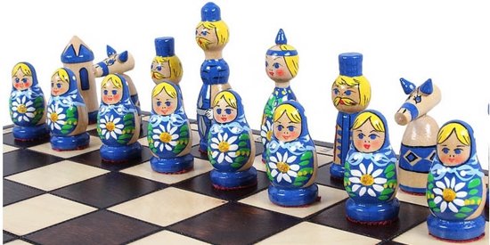 Thumbnail van een extra afbeelding van het spel schaakcassette Babushka (90mm), handgeschilderd, blauw en rood