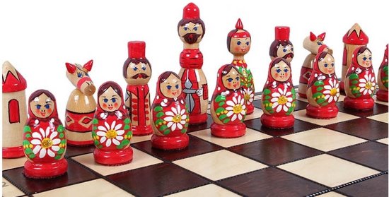 Thumbnail van een extra afbeelding van het spel schaakcassette Babushka (90mm), handgeschilderd, blauw en rood