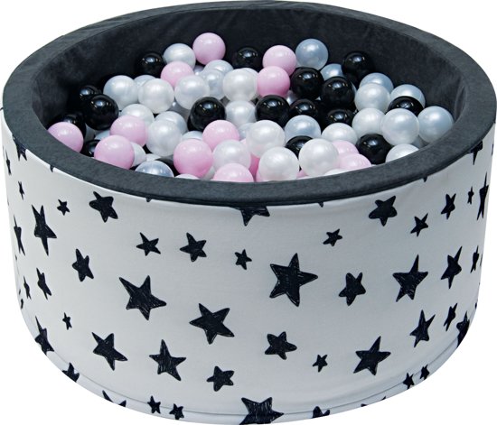 Ballenbak | Wit met zwarte sterren incl.  200 witte, zwarte, grijze en roze ballen