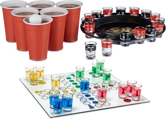 Afbeelding van het spel relaxdays 3 delige drinkspel set XXL, drinkspel Ludo, Roulette, Beer Pong bekers drankspel