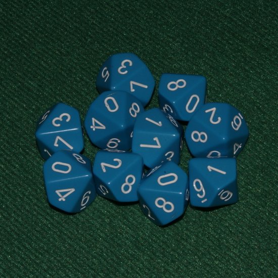Thumbnail van een extra afbeelding van het spel 10 Vlakken Tienzijdige Dobbelstenen Licht Blauw met Wit 16mm Set van 6 Stuks