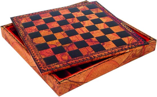 Luxe schaakset - Handbeschilderde Trojaanse schaakstukken + schaakbord en opbergbox in een met wereldkaartprint (+ backgammon) - 35 x 35 cm
