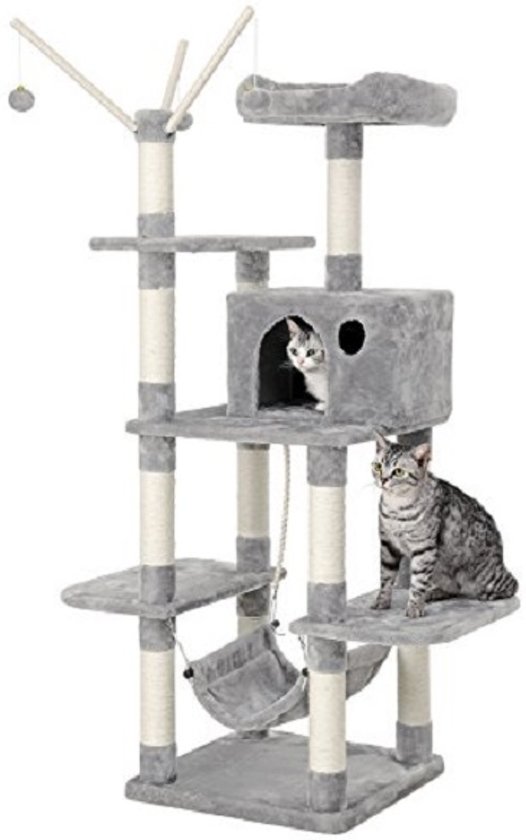 SONGMICS | XXL Luxe Katten Krappaal | Katten Activity Center met een hangmat | Katten Klim / Krappaal | Hoogte: 154 Cm. | Kleur: LICHT GRIJS
