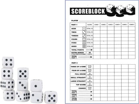Afbeelding van het spel Yahtzee Scoreblok + 10x Witte Dobbelstenen | Spel voor op Reis | Scoreblock | Spelletjes | Dobbelspellen | Spellen