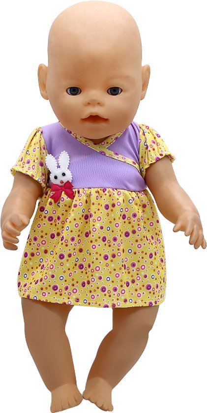 Poppenkleertjes voor babypop - Geel/paars jurkje met konijntje en strikje voor poppen met lengte van circa 43 cm zoals Baby born