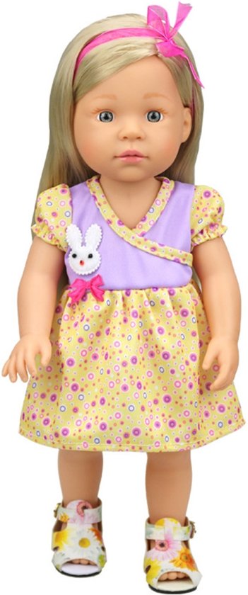 Poppenkleertjes voor babypop - Geel/paars jurkje met konijntje en strikje voor poppen met lengte van circa 43 cm zoals Baby born
