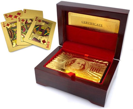 Afbeelding van het spel Unieke Luxe Gouden Speelkaarten in Houten Box/Kist | Pokerkaarten Dollar Editie | 24K Geplastificeerd | Gadget Cadeau Artikel