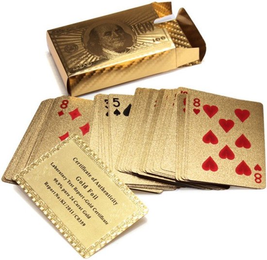 Thumbnail van een extra afbeelding van het spel Unieke Luxe Gouden Speelkaarten in Houten Box/Kist | Pokerkaarten Dollar Editie | 24K Geplastificeerd | Gadget Cadeau Artikel
