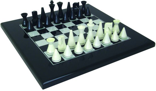 Luxe schaakset - Moderne schaakstukken zwart wit met bijpassend houten schaakbord - 40 x 40 cm