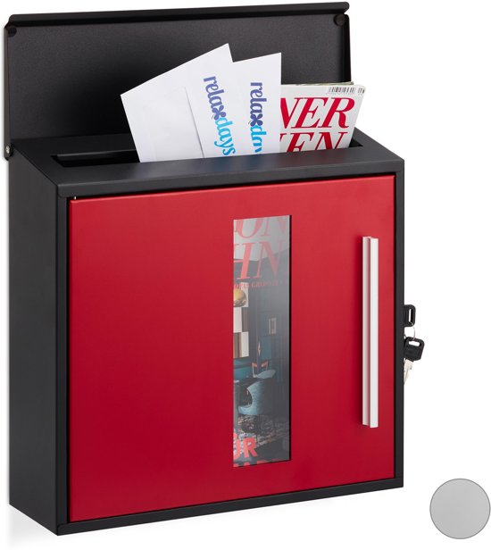 relaxdays brievenbus afsluitbaar - met venster - wandbrievenbus - modern design wandmodel zwart-rood