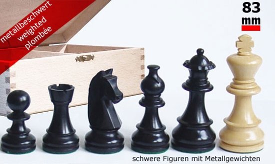 Afbeelding van het spel verzwaarde schaakstukken, koningshoogte 83mm, met houten kistje