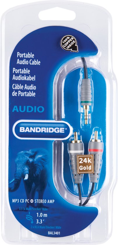 Bandridge 3,5 mm naar RCA Kabel 1 Meter