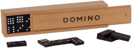 Afbeelding van het spel DOMINO 55 zwarte blokjes in houten kistje 26x6cm, 4+