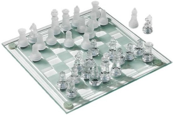 Afbeelding van het spel Schaakspel met glazen schaakstukken + boek schaken veel meer dan zwart en wit