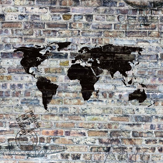Art for the Home - Fotobehang - Wereldkaart - Zwart/grijs - 260x212 cm