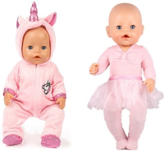 Poppenkleding, geschikt voor Baby Born pop, Unicorn / Eenhoorn Onesie + Ballerina pakje - Meisje