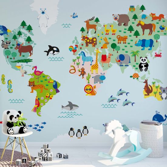 Fotobehang Wereldkaart vol Dieren - Kinderkamer behang byGraziela - 432x300 cm