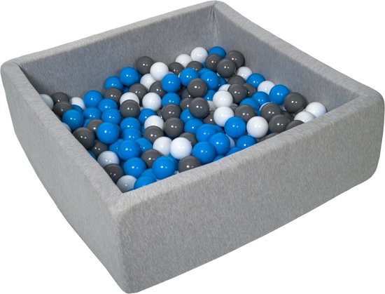 Ballenbak - stevige ballenbad - 90x90 cm - 300 ballen Ø 7 cm - wit, blauw, grijs.