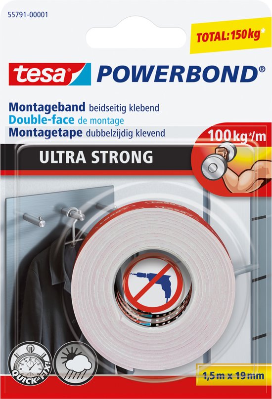 Tesa 55791 Powerbond Ultra Strong montagetape formaat 1,5 m x 19 mm blisterverpakking