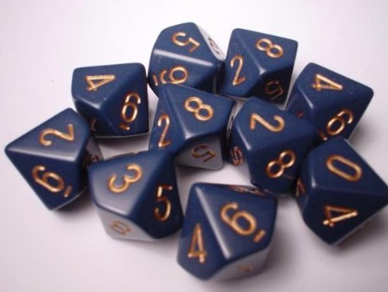 Afbeelding van het spel 10 Vlakken Tienzijdige Dobbelstenen Blauw met Goud 16mm Set van 6 Stuks