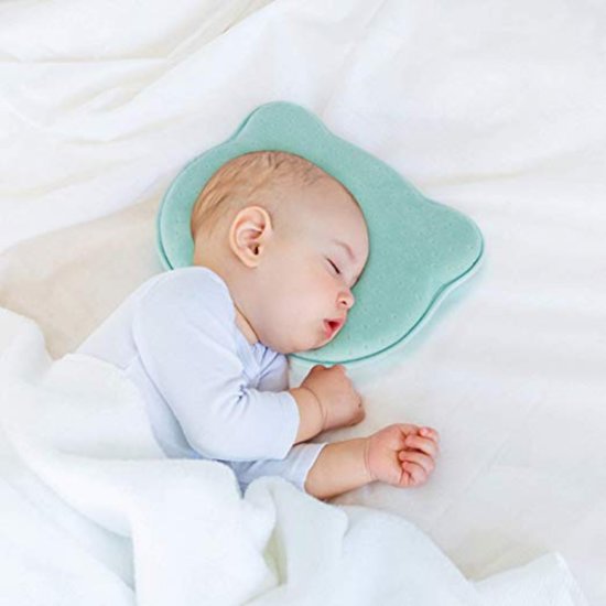 Orthopedisch baby hoofdkussen - Hoofd vormend kussen - Tegen afgeplat hoofd - Hoofd & Nek ondersteuning - Traagschuim - Blauw - Veilig slapen - Kraam cadeau -
