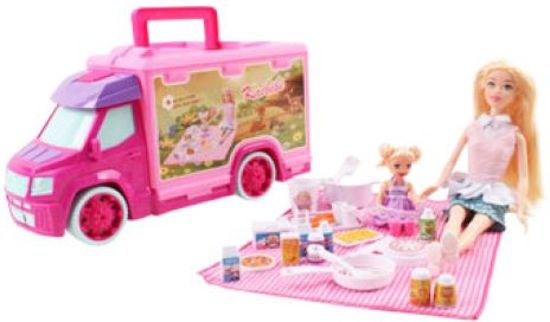 Picknick wagen -  Camper - Geschikt voor Barbie - Met vele accessoires - Inclusief barbiepoppen - Met picknickkleed en etenswaren