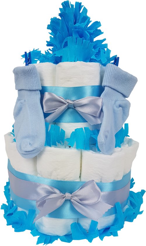 Luiertaart jongen 2-laags blauw | 19 A-merk Pampers | schattige sokjes | XL geboortekaart | ideaal voor babyshower, kraamcadeau en Baby cadeau