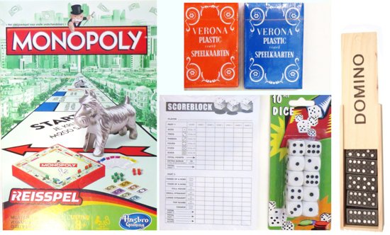Vakantie Reis spelletjes pakket. Spel Monopoly reis editie – Yatzee score kaarten – 10 dobbelstenen – 2 pakken speelkaarten.